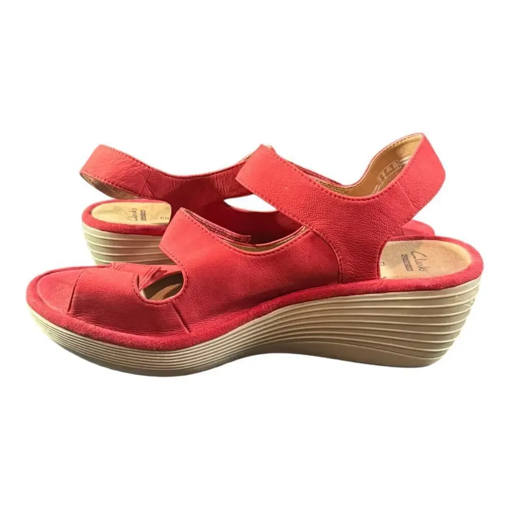 Clarks Women’s Reedly Juno Red Leather Nubuck Wedge Sandals Size 10 M